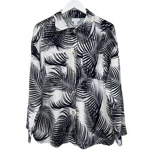 Liz Claiborne linen Blend White Navy Blue Palms Button Down Shirt NWT Women's M